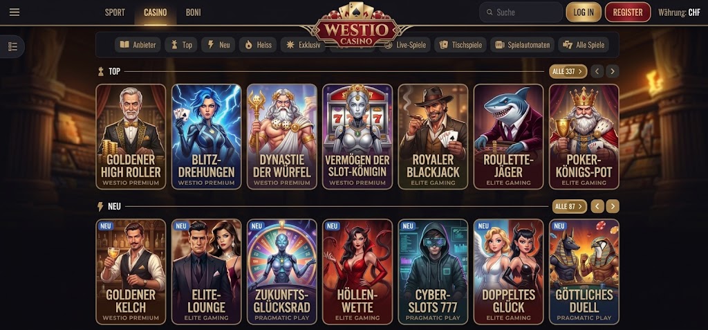 Screenshot of Westio Casino website displaying various game options available for players.